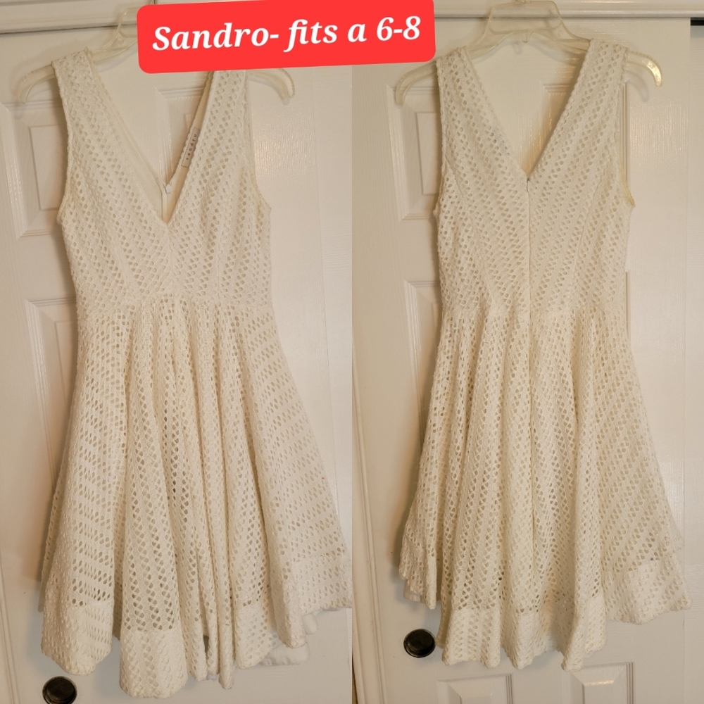 White Sandro A line dress with flowy bottom and low v top